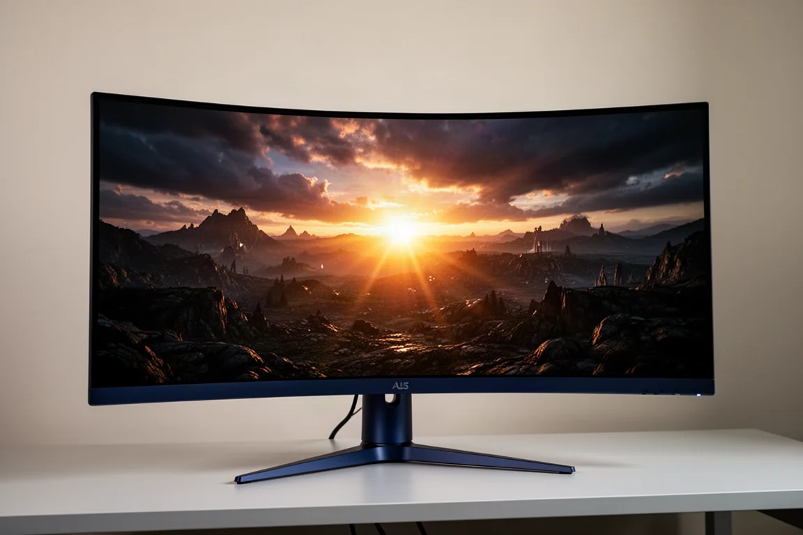 Gaming monitor displaying a bright HDR scene with deep blacks and vivid highlights