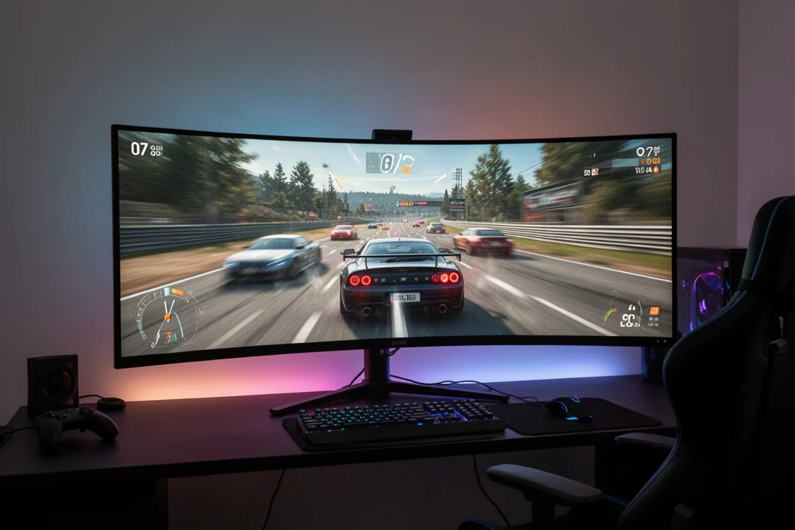 Gamer playing a fast-paced title on the ultrawide monitor in a dim room