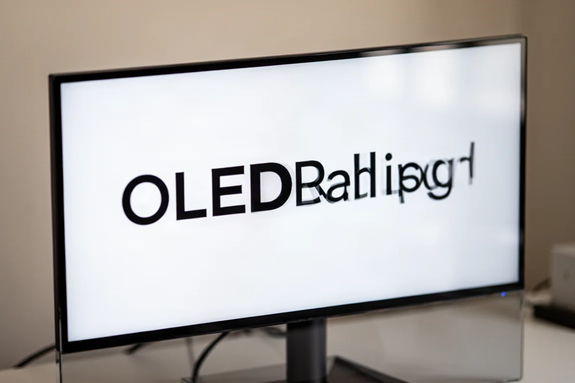 Close-up of a glossy ultrawide monitor screen showing crisp text rendering