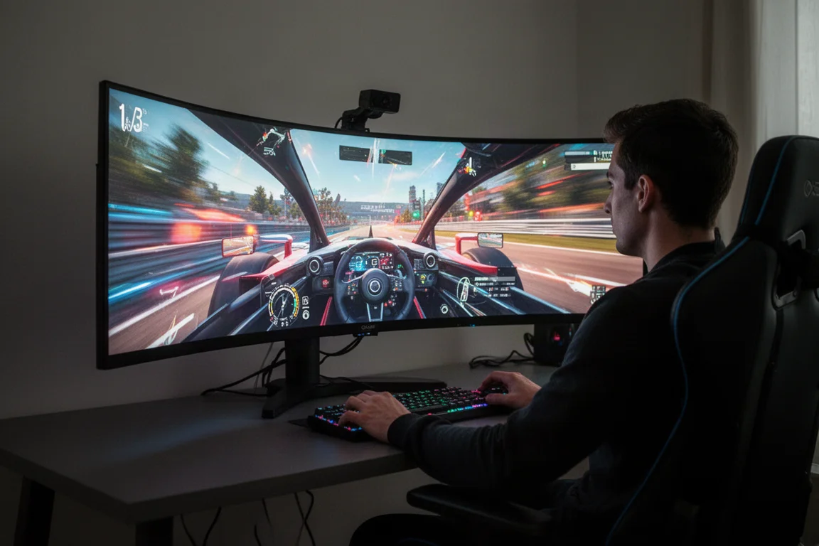 Gamer playing a racing title on a curved ultrawide monitor in a dim room