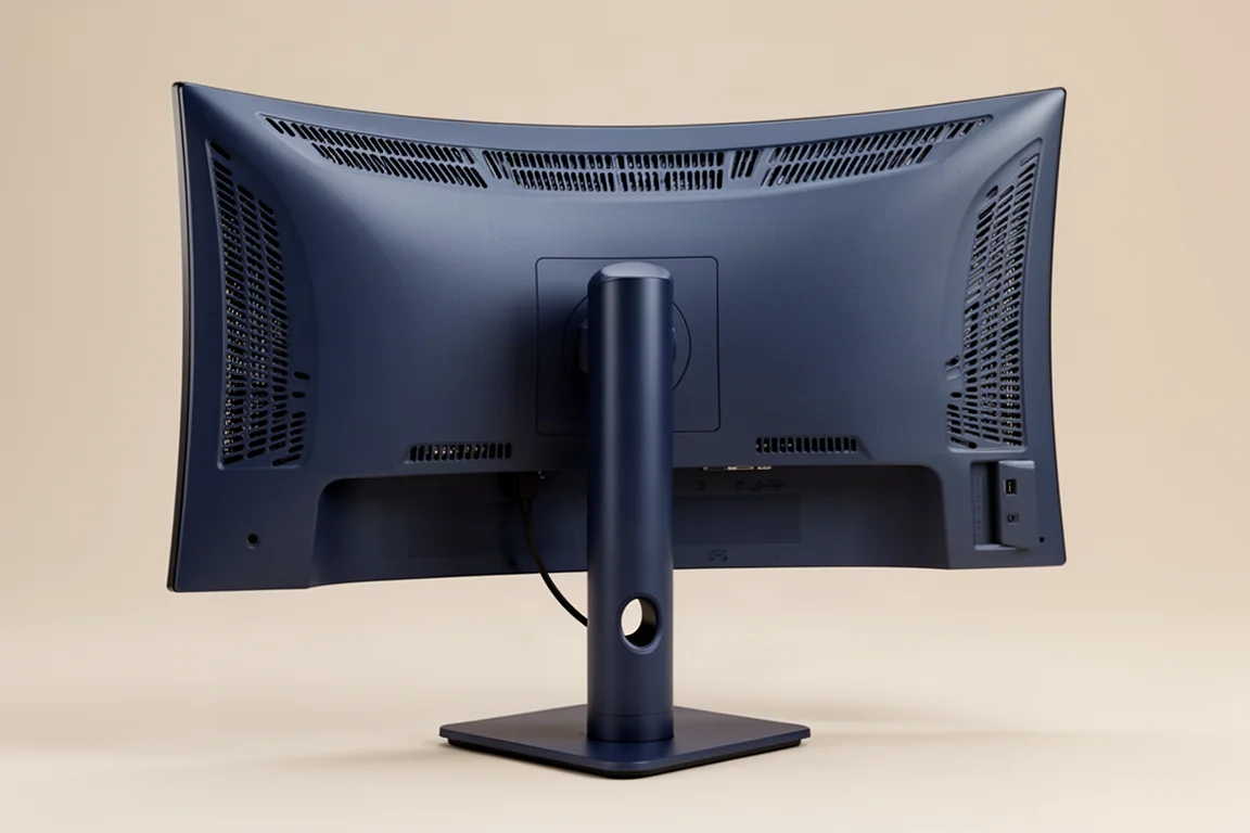 Rear view of an ultrawide monitor showing ventilation cutouts and cable management