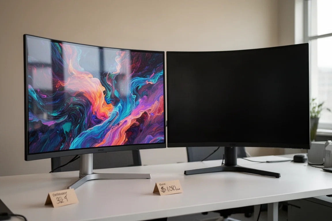 Side-by-side comparison of two ultrawide monitors on a desk with a price tag visual
