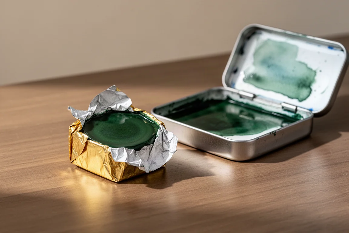 Pastilla a medio mango de acuarela envuelta en papel dorado junto a una caja abierta