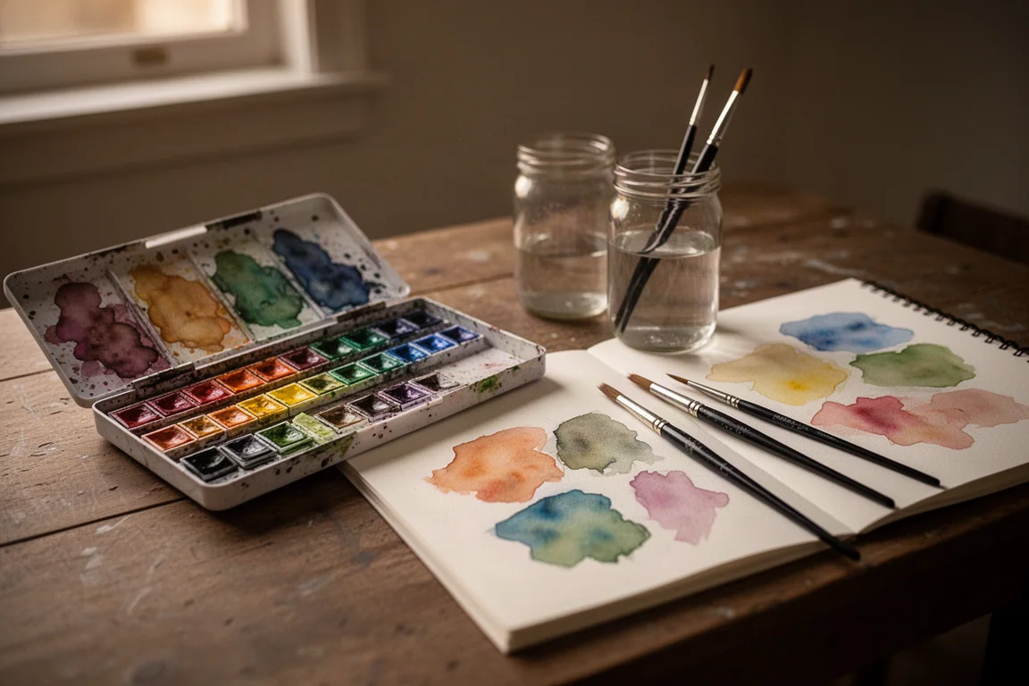 Escritorio de un artista con caja de acuarelas, pinceles y cuaderno de bocetos al atardecer
