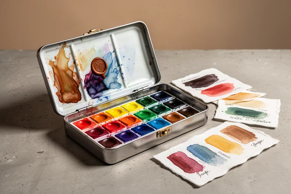 Open Delmagna watercolor palette with half pans and swatch cards on concrete