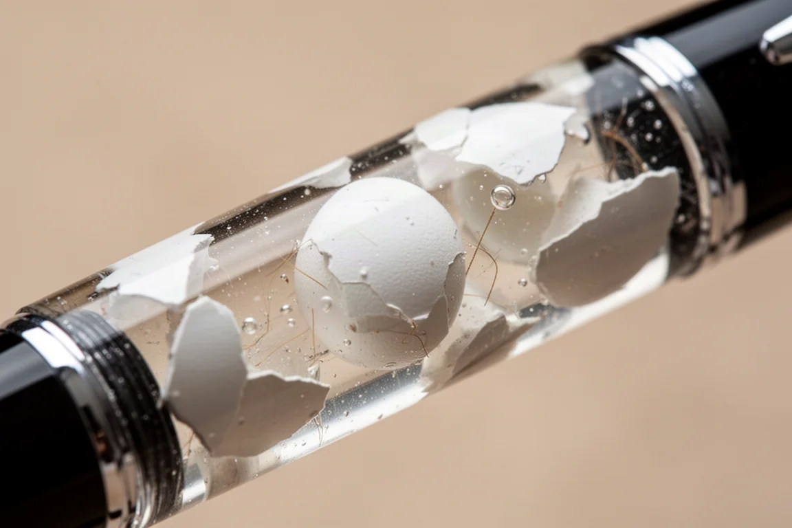 Close-up van witte eischaalfragmenten ingebed in heldere lak op een pennenschacht