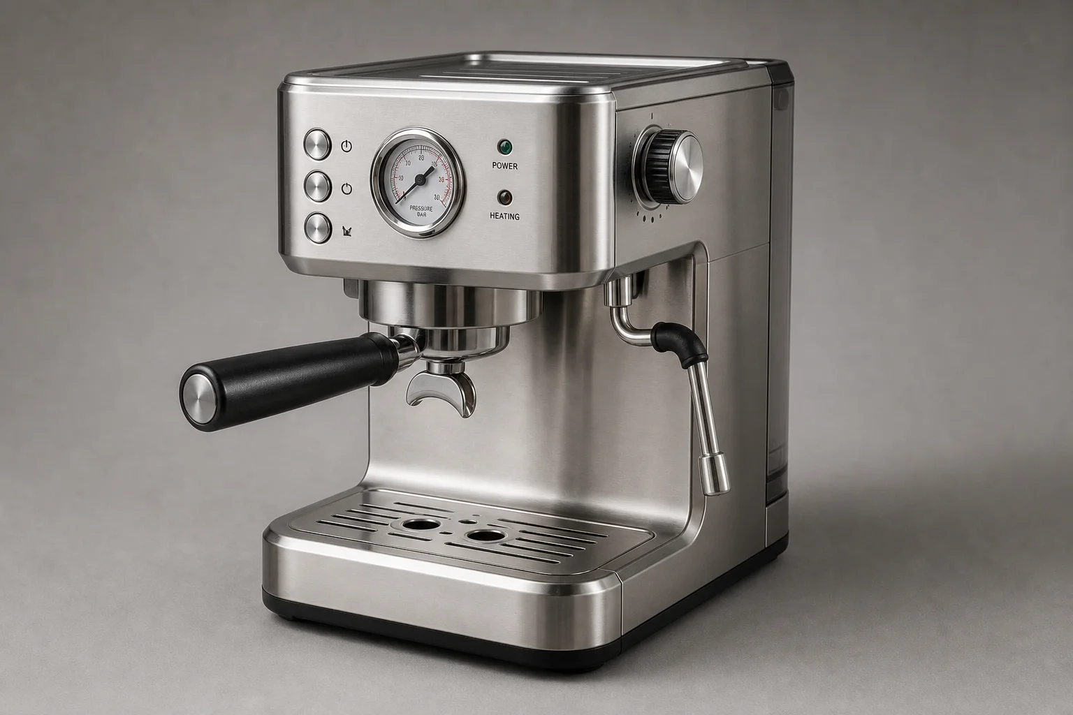 콘크리트 바닥 위에 펌프식 모델과 캡슐 모델을 포함한 5대의 Espresso 머신이 나란히 놓여 있습니다.