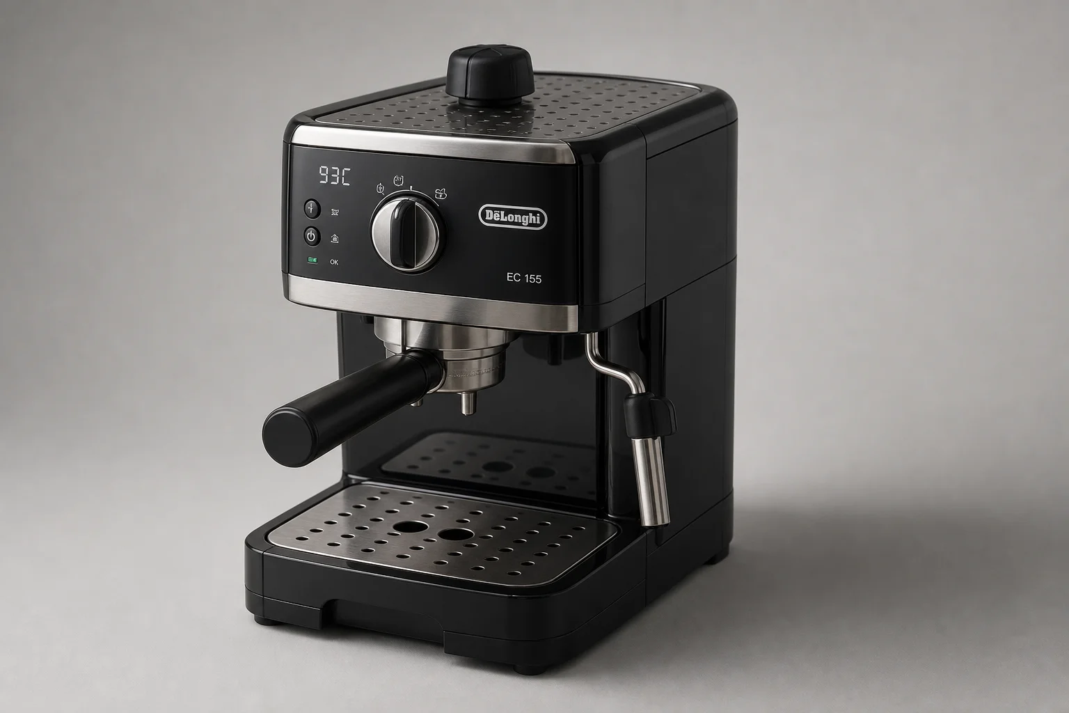 Five budget espresso machines arranged on concrete surface