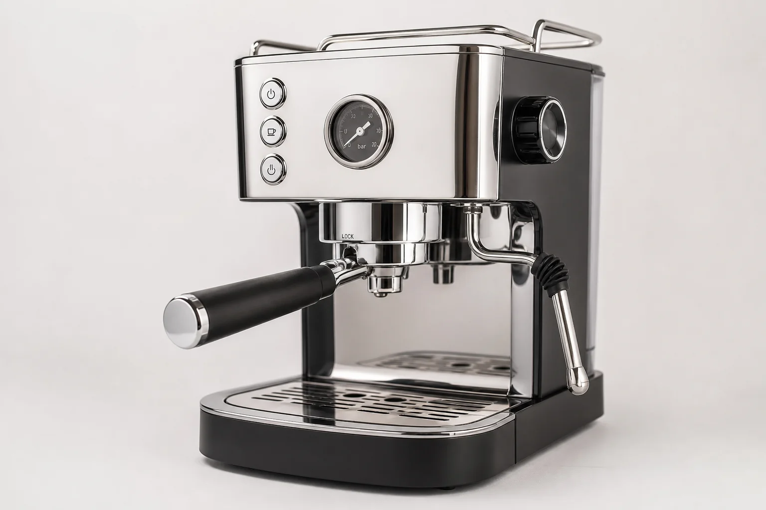 Four espresso machines displayed side by side on concrete surface
