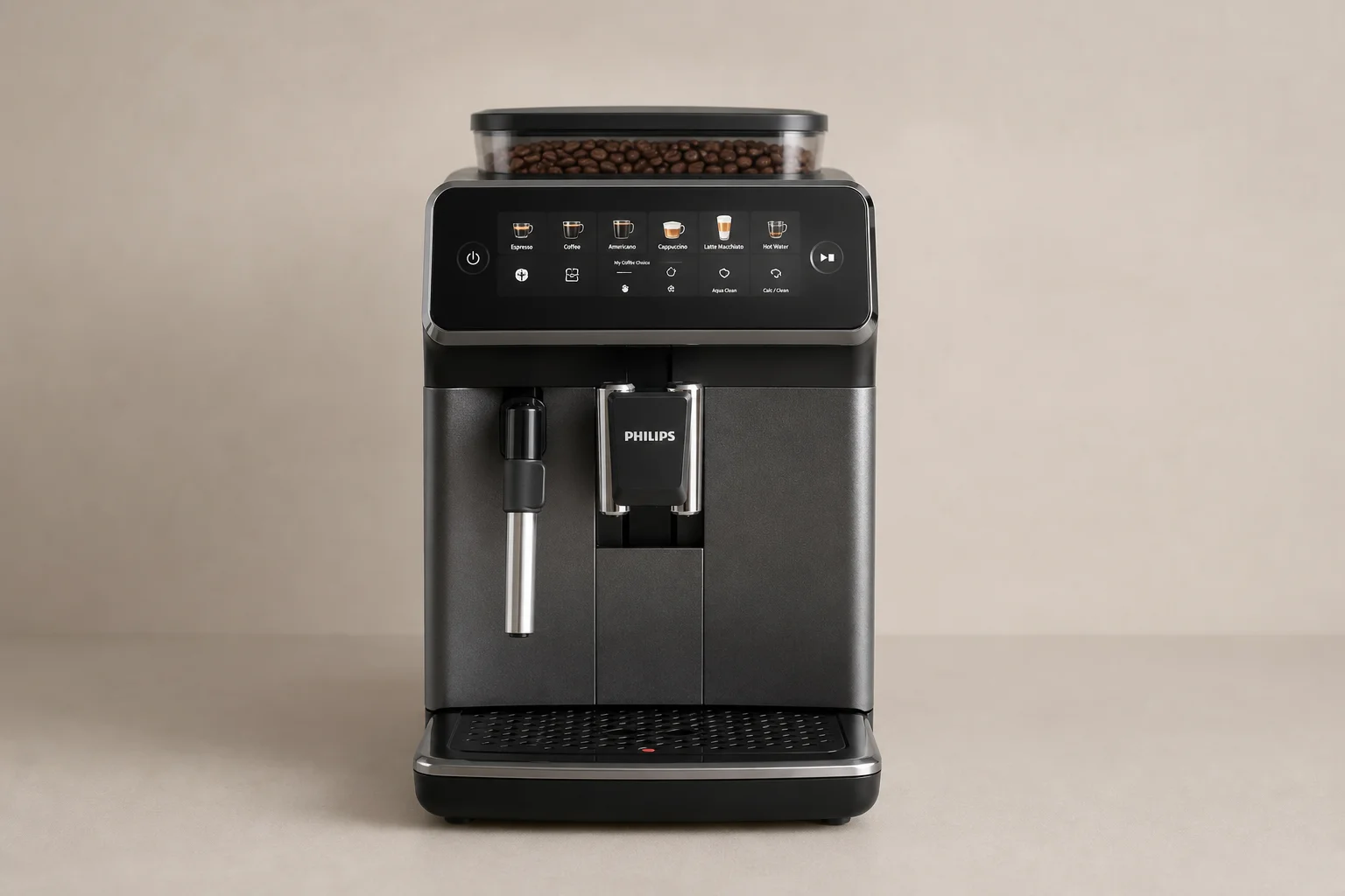 Four espresso machines displayed side by side on concrete surface