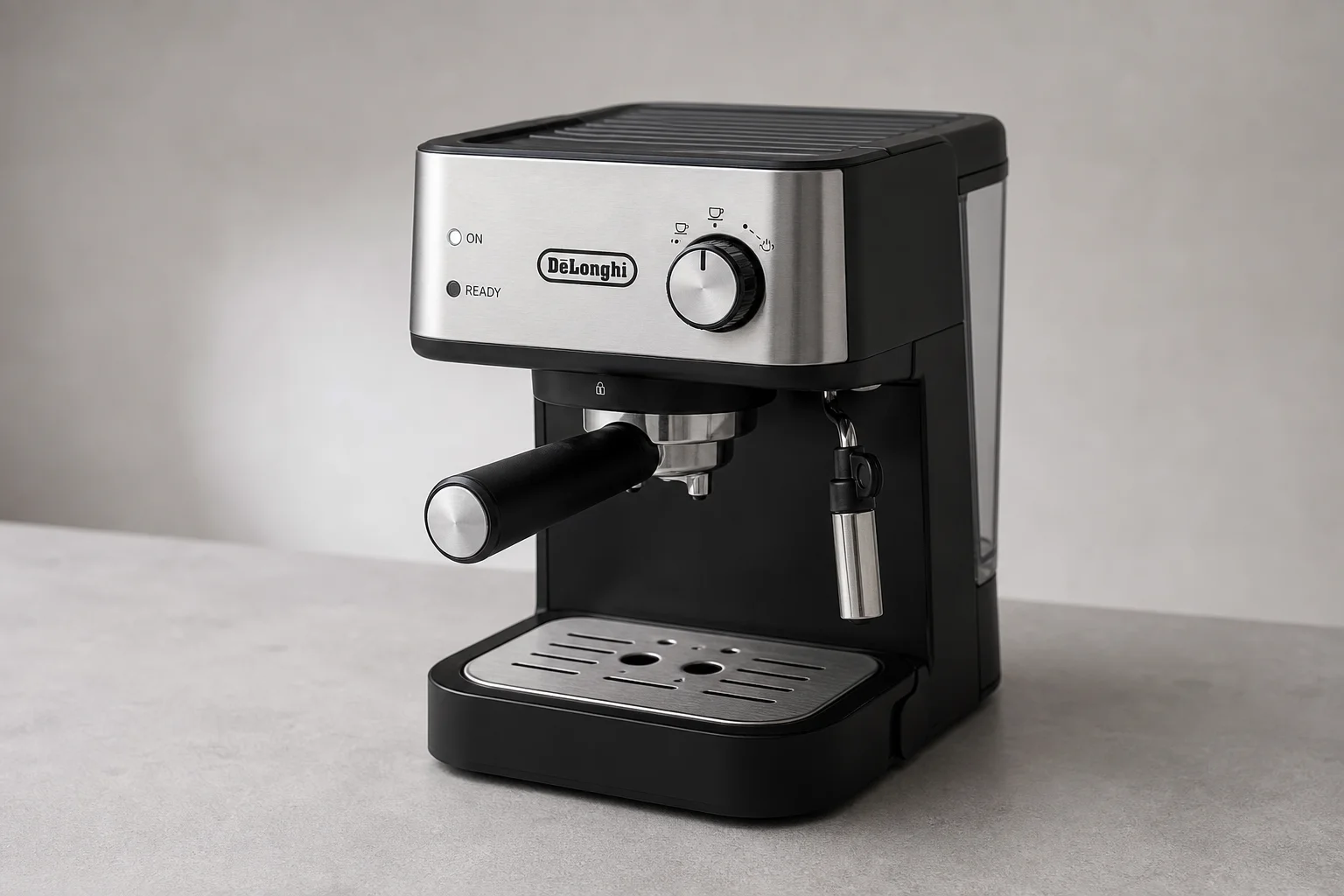 Five budget espresso machines arranged in a row on concrete surface