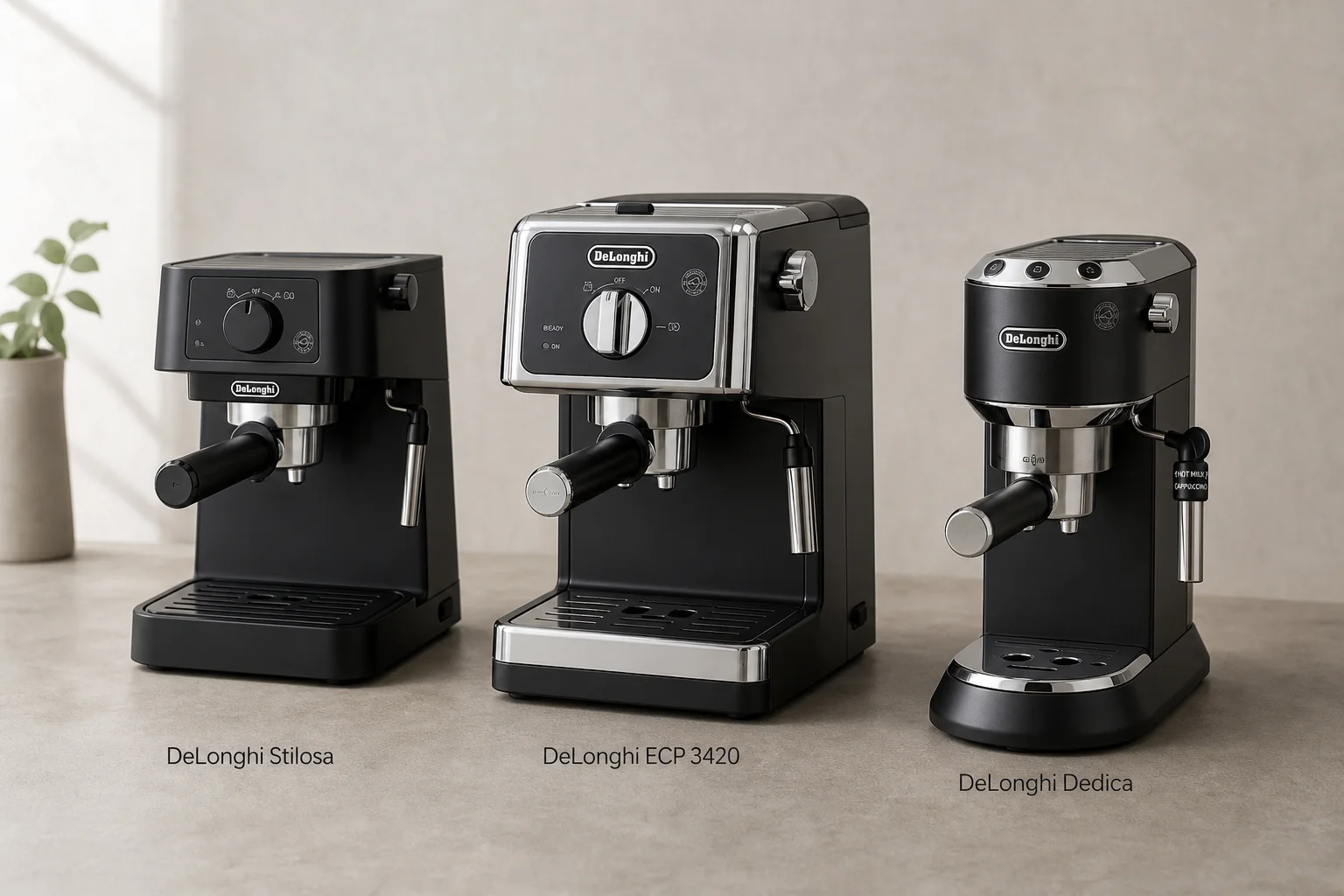 三台 DeLonghi 義式咖啡機並排放在水泥檯面上