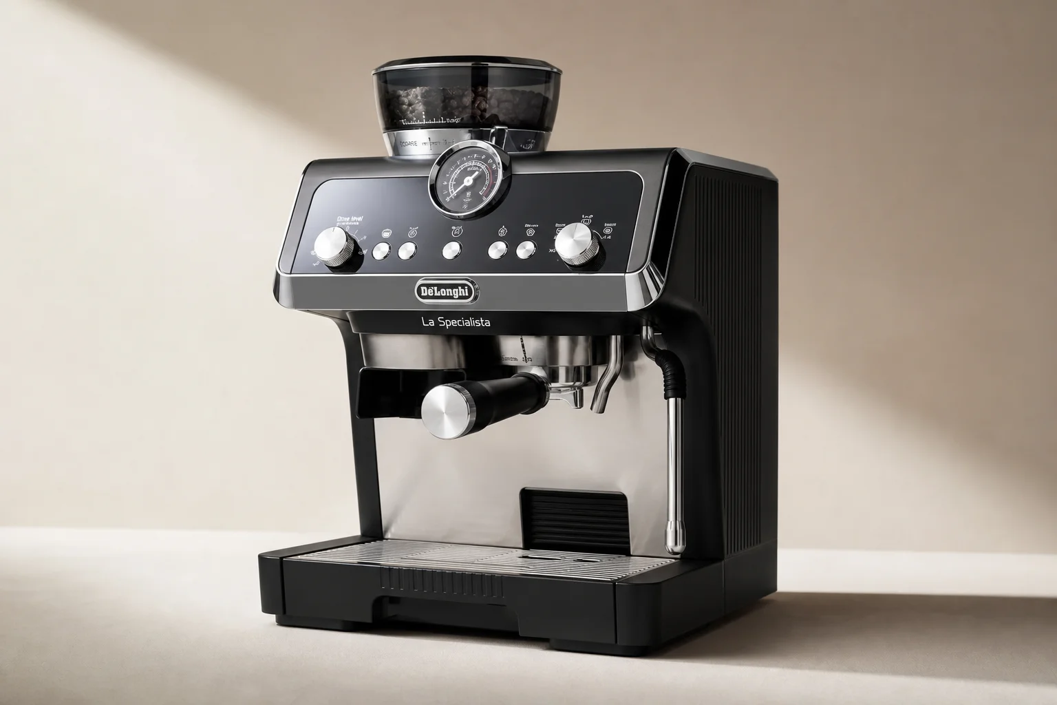 Breville and De'Longhi espresso machines side by side showing design contrast
