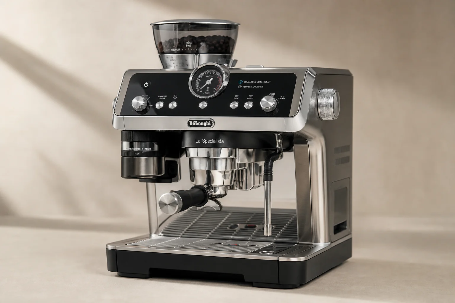 Breville and De'Longhi espresso machines side by side showing design contrast