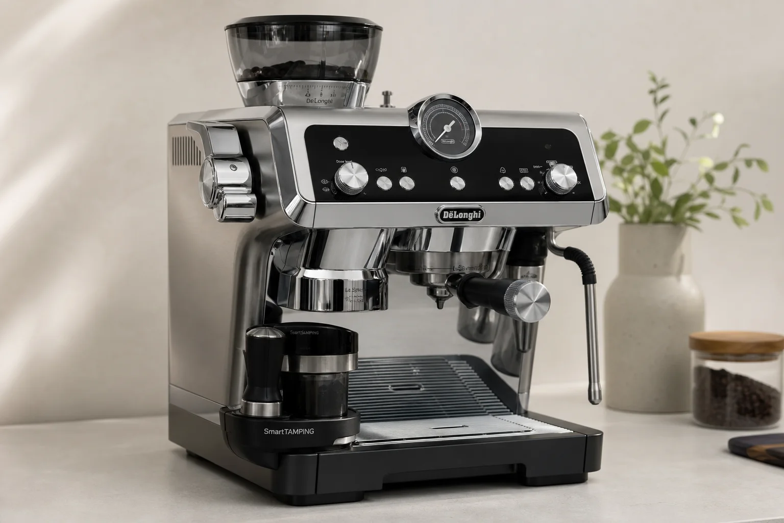 Five coffee makers with integrated grinders arranged on concrete surface