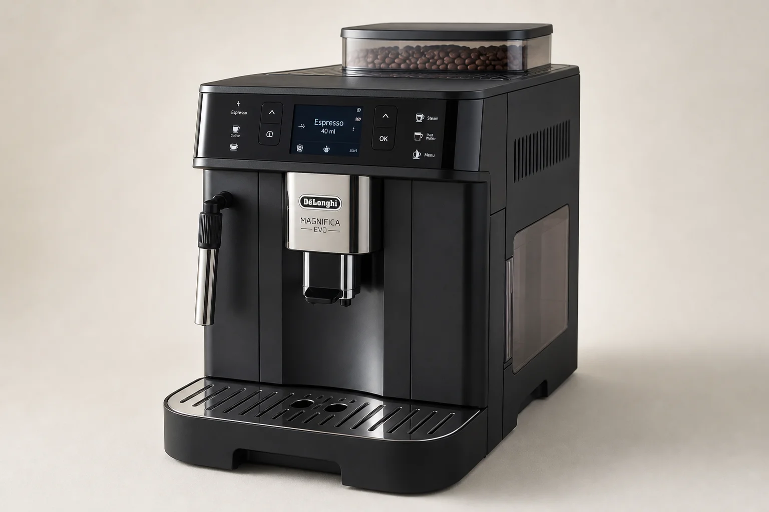 Four espresso machines displayed side by side on concrete surface