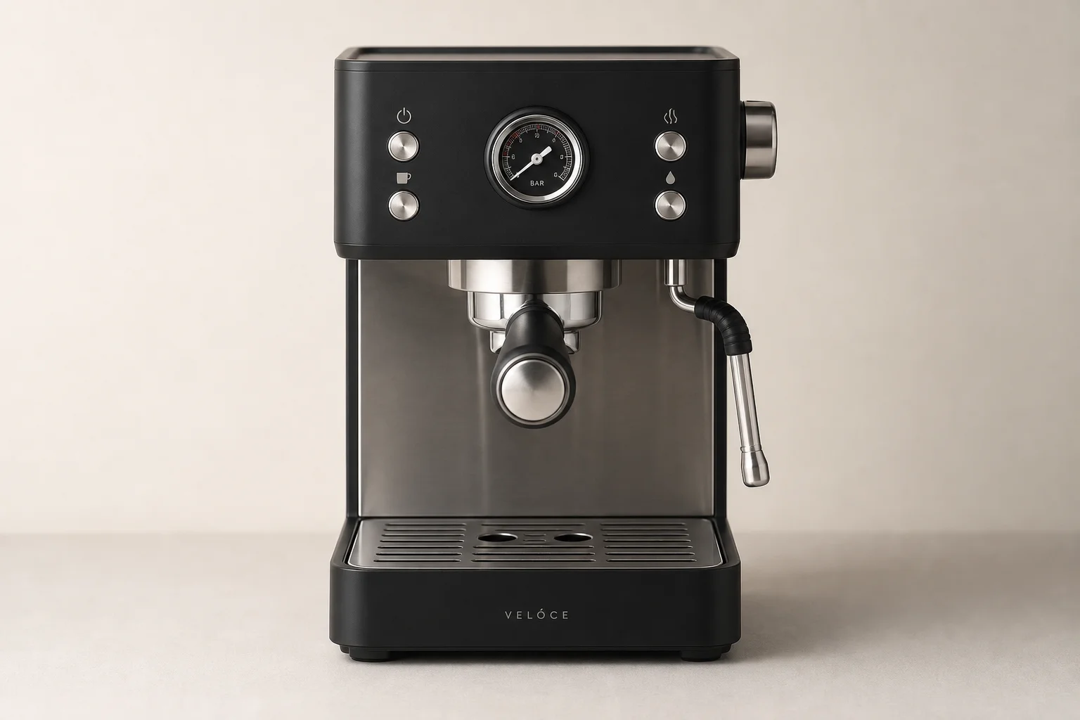 콘크리트 바닥 위에 펌프식 모델과 캡슐형 모델을 포함한 5대의 Espresso 머신이 나란히 놓여 있습니다.