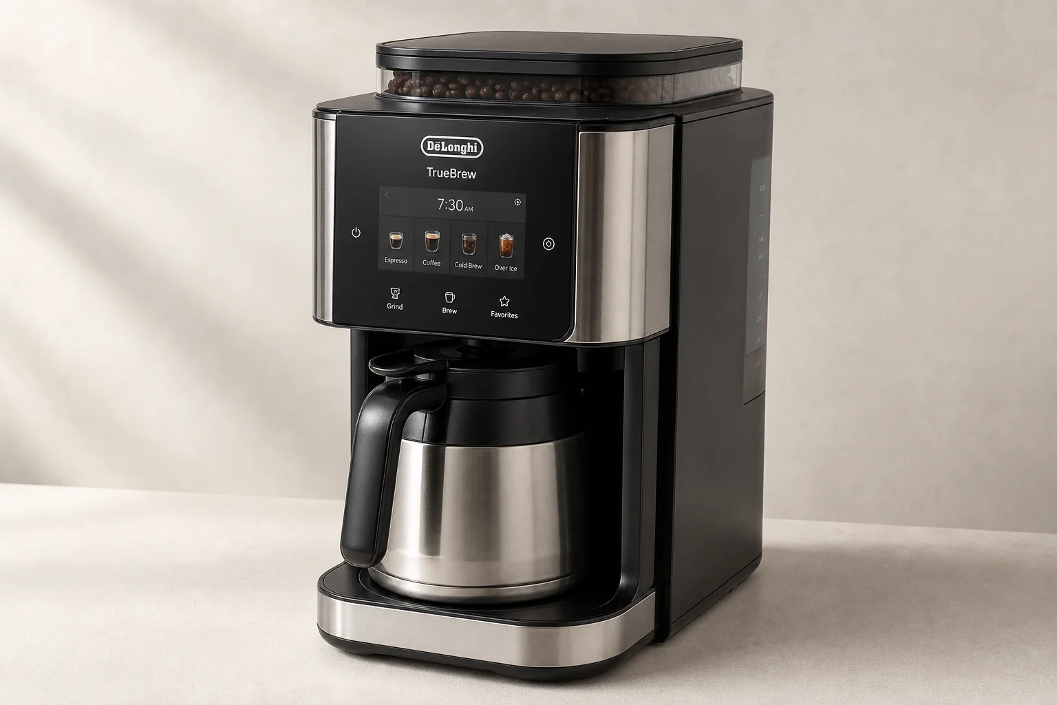 Seven coffee makers arranged on concrete surface representing different brewing styles