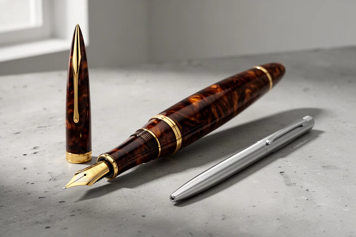 Large brown celluloid fountain pen with gold trim beside a slim metal pen