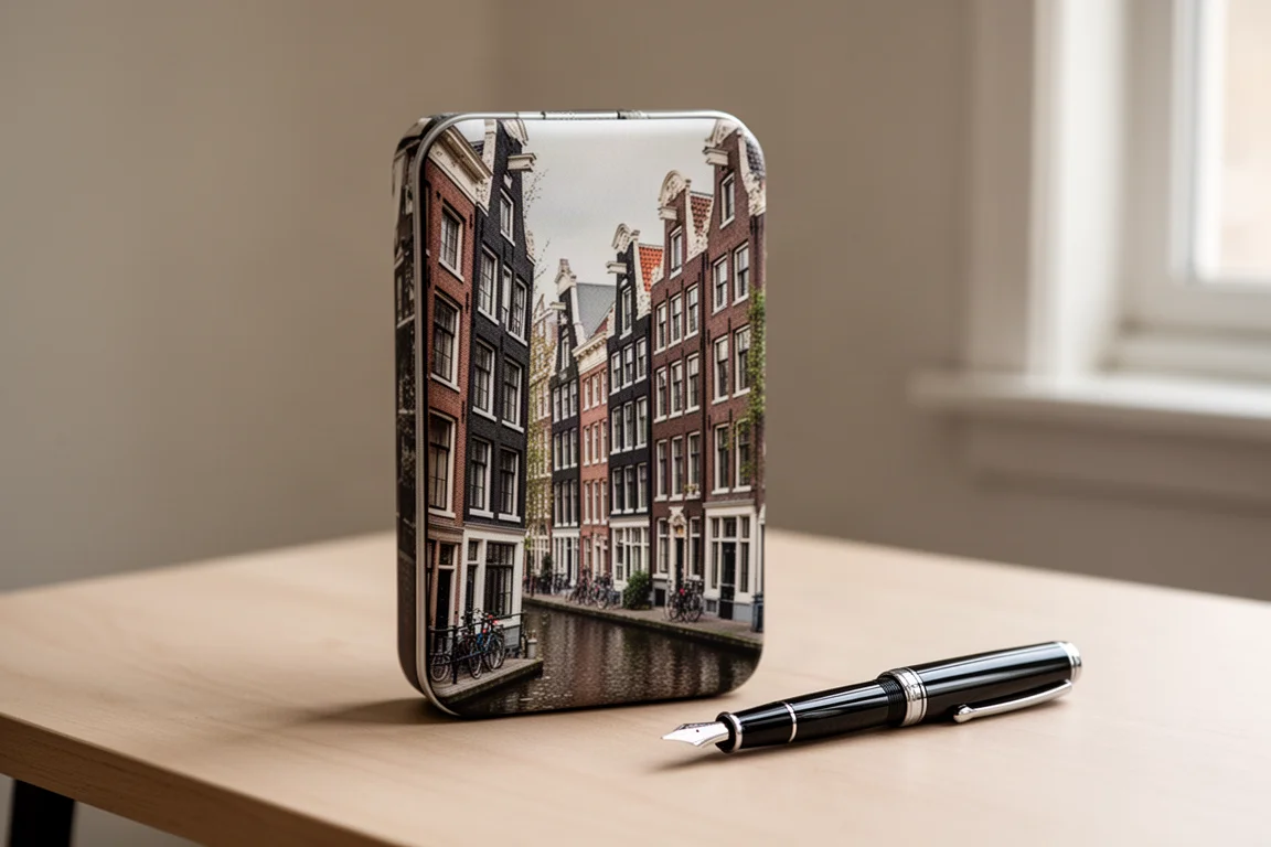 Emballage de stylo plume imprimé avec la photographie d'une rue typique d'Amsterdam