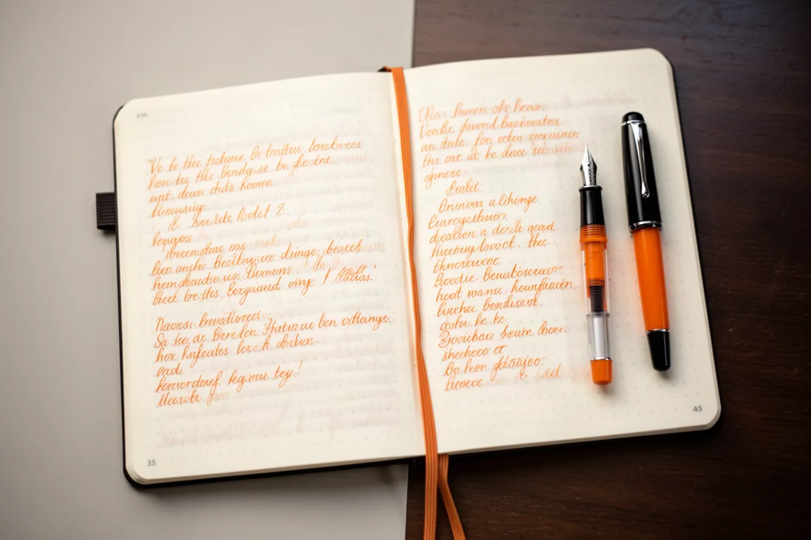 Lignes d'encre orange fraîchement écrites sur du papier quadrillé en points avec un léger ombrage