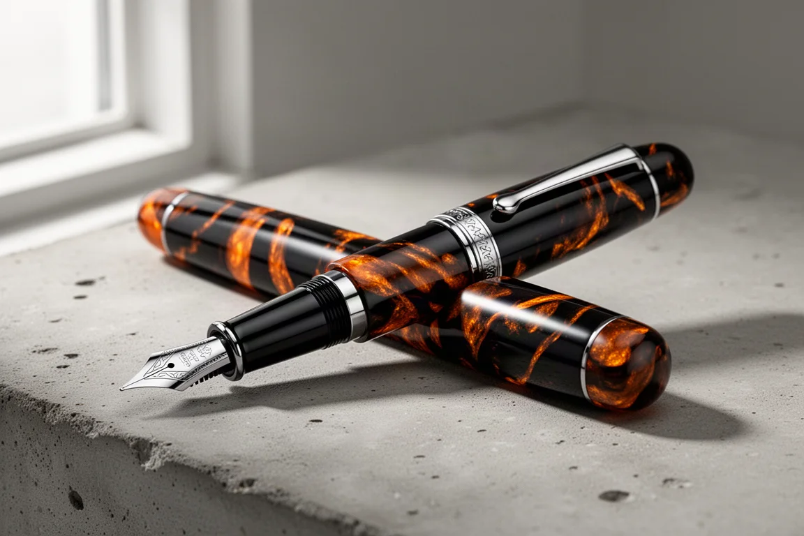 Black and pearlescent orange limited edition fountain pen at a three-quarter angle on matte concrete