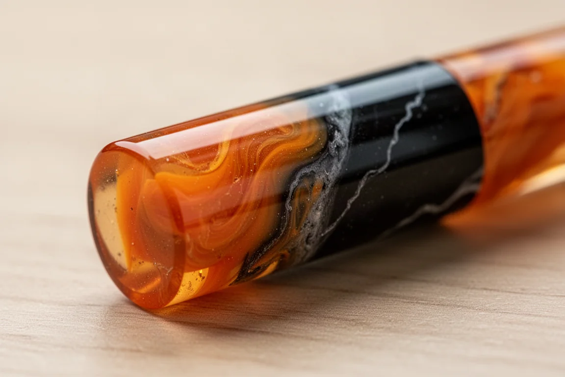 Close-up of swirled orange and black resin on a fountain pen barrel