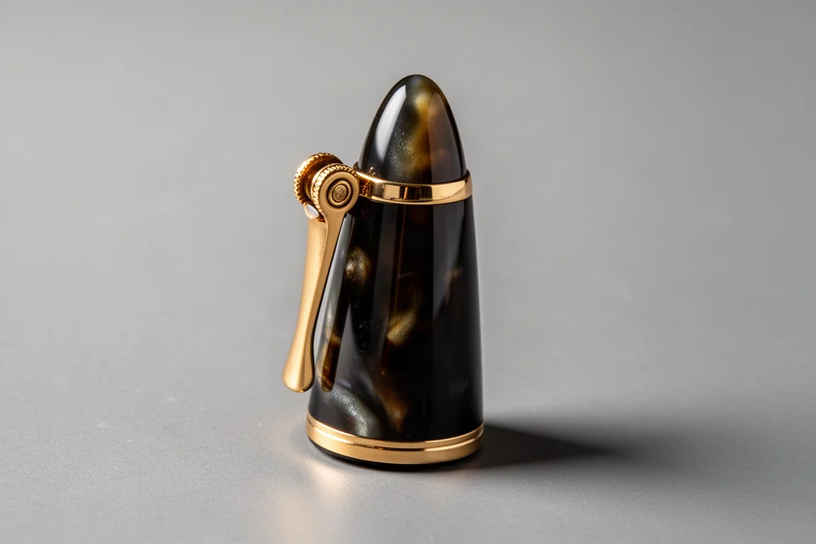 Fountain pen cap detail showing gold trim ring and rolled clip