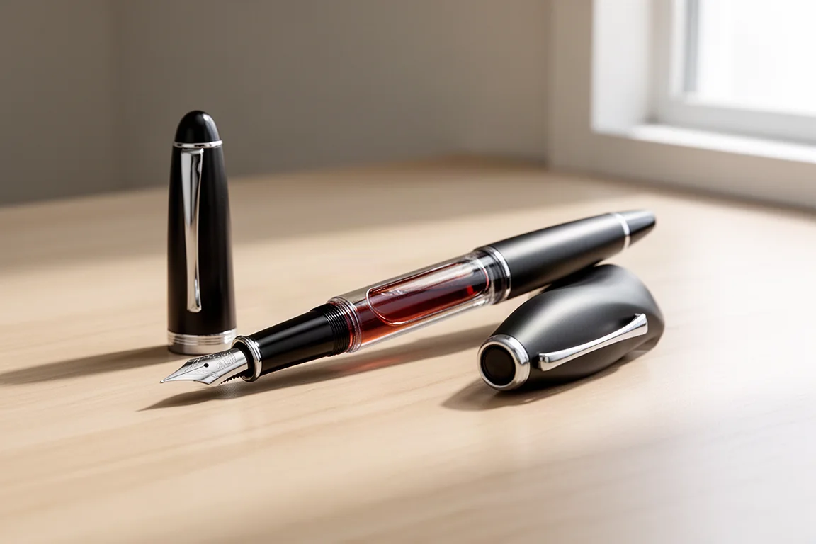 Fountain pen resting uncapped on a desk with an ink window visible