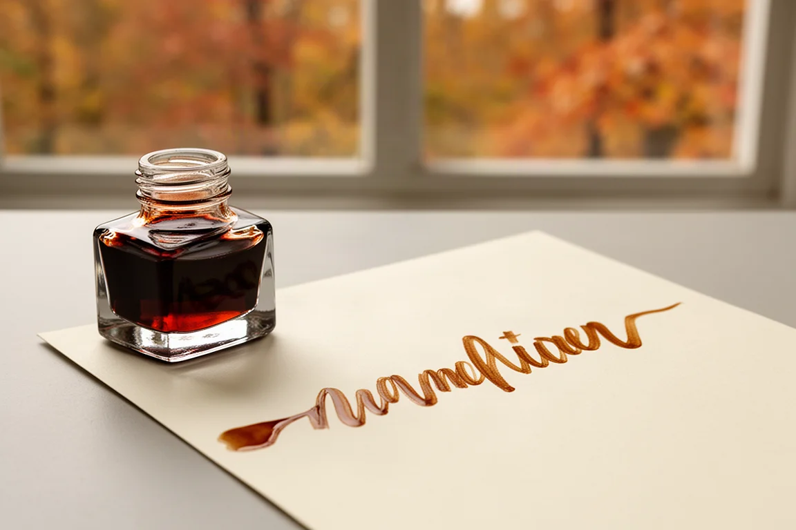 Bottle of reddish-brown fountain pen ink with autumn-themed artwork beside a written page