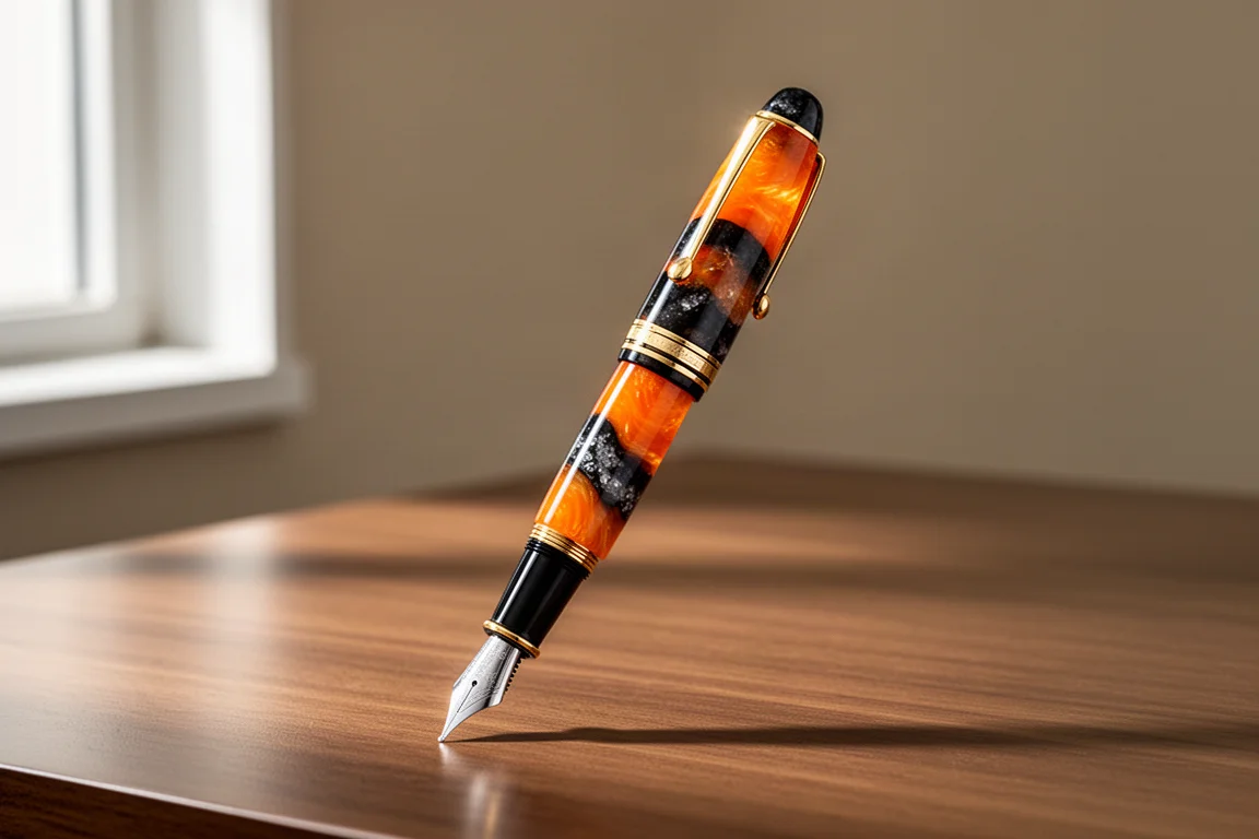 Delta Duna Sleepy Hollow fountain pen with swirled orange and black resin and gold trim