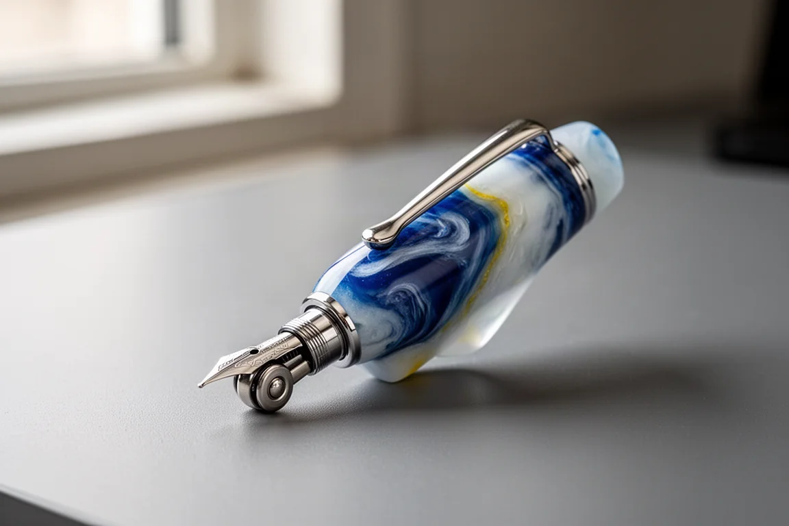 Cappuccio blu e bianco a spirale di una penna stilografica con clip a rotella su una scrivania