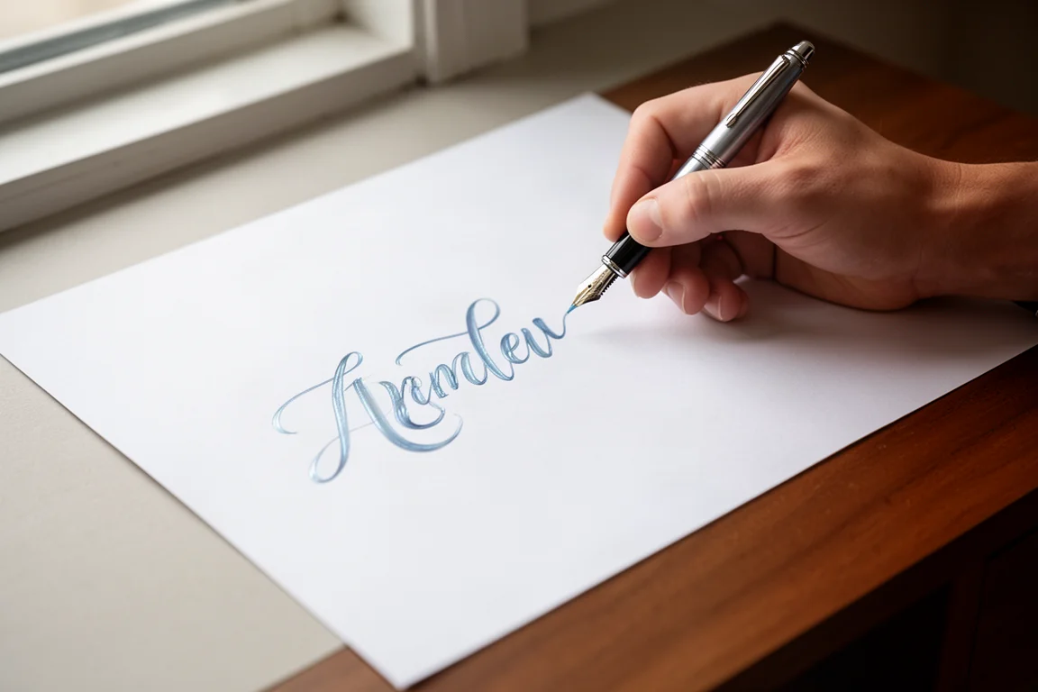 Una mano che scrive con una penna stilografica su carta bianca con inchiostro blu
