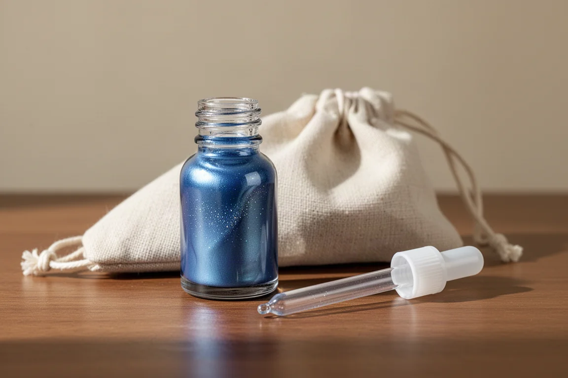 Piccola boccetta di vetro con inchiostro blu perlato, accompagnata da una custodia e da un contagocce