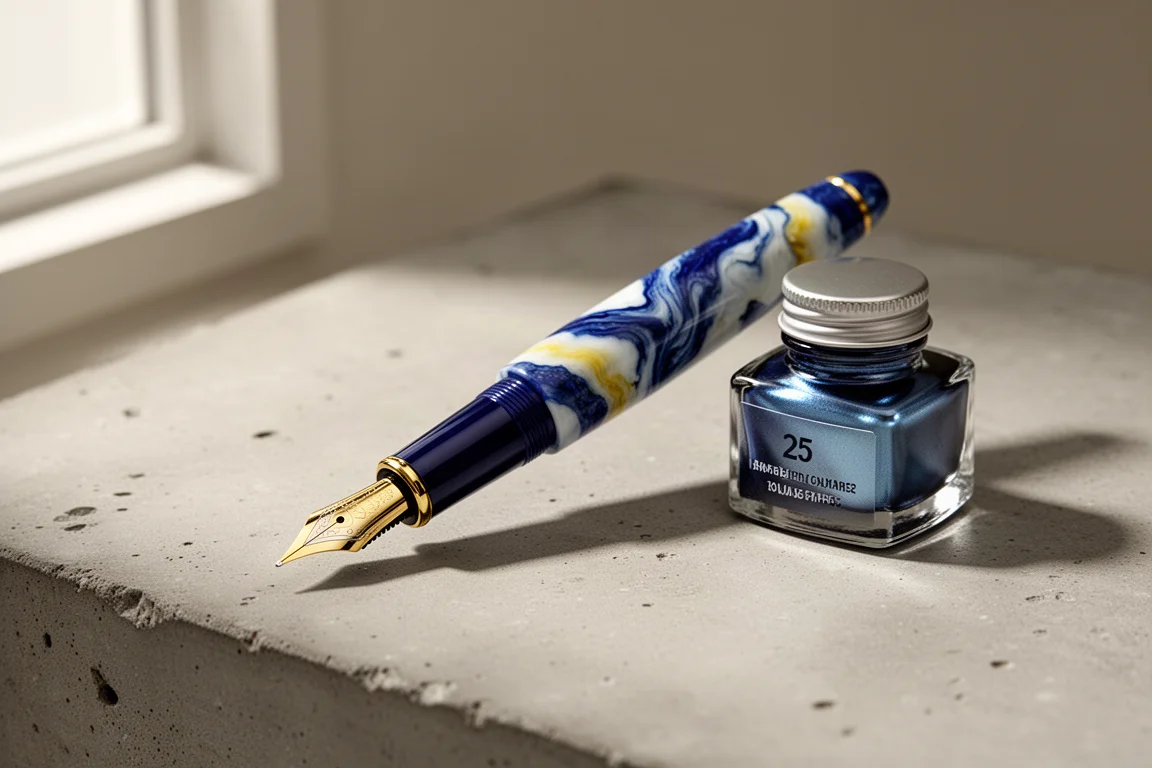 Blue and white resin fountain pen beside a small pearlescent blue ink bottle on concrete