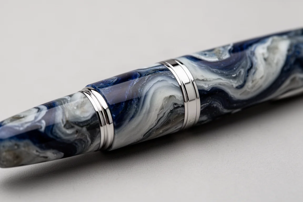 Nahaufnahme von Kappe und Korpus eines Füllfederhalters aus marmoriertem blauem, weißem und grauem Kunstharz
