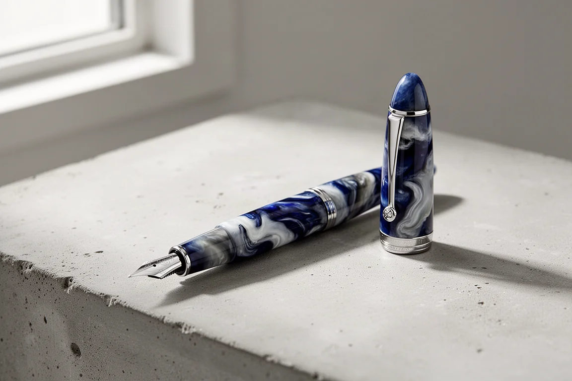 Delta Dune Reflex fountain pen with marbled blue, white, and grey resin on a grey surface