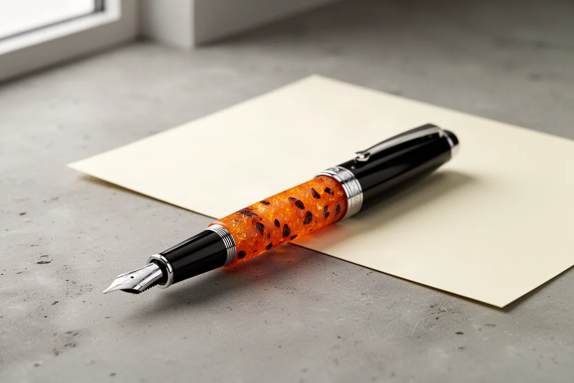 Midsize fountain pen with black cap and orange crushed resin barrel on concrete