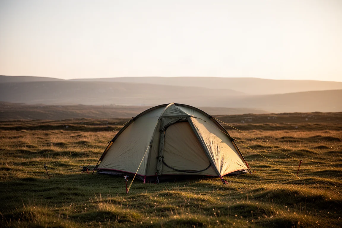 Low-profile backpacking tent pitched on a grassy moorland pitch at golden hour