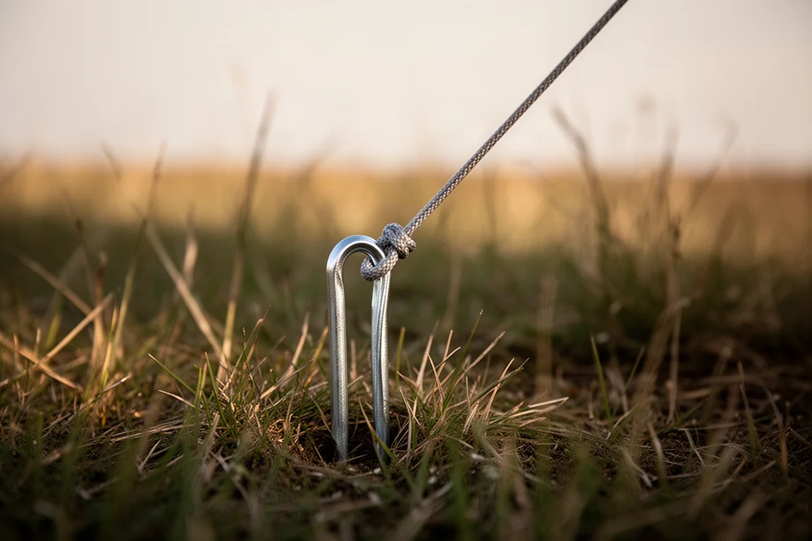 Metal tent peg driven flush into firm grass with a taut guy line