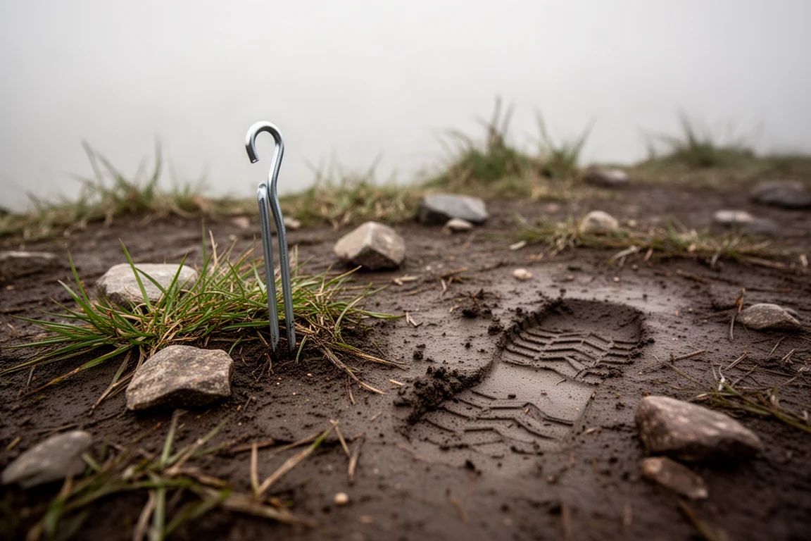 Soft damp campsite soil with a partially driven metal peg and a boot print