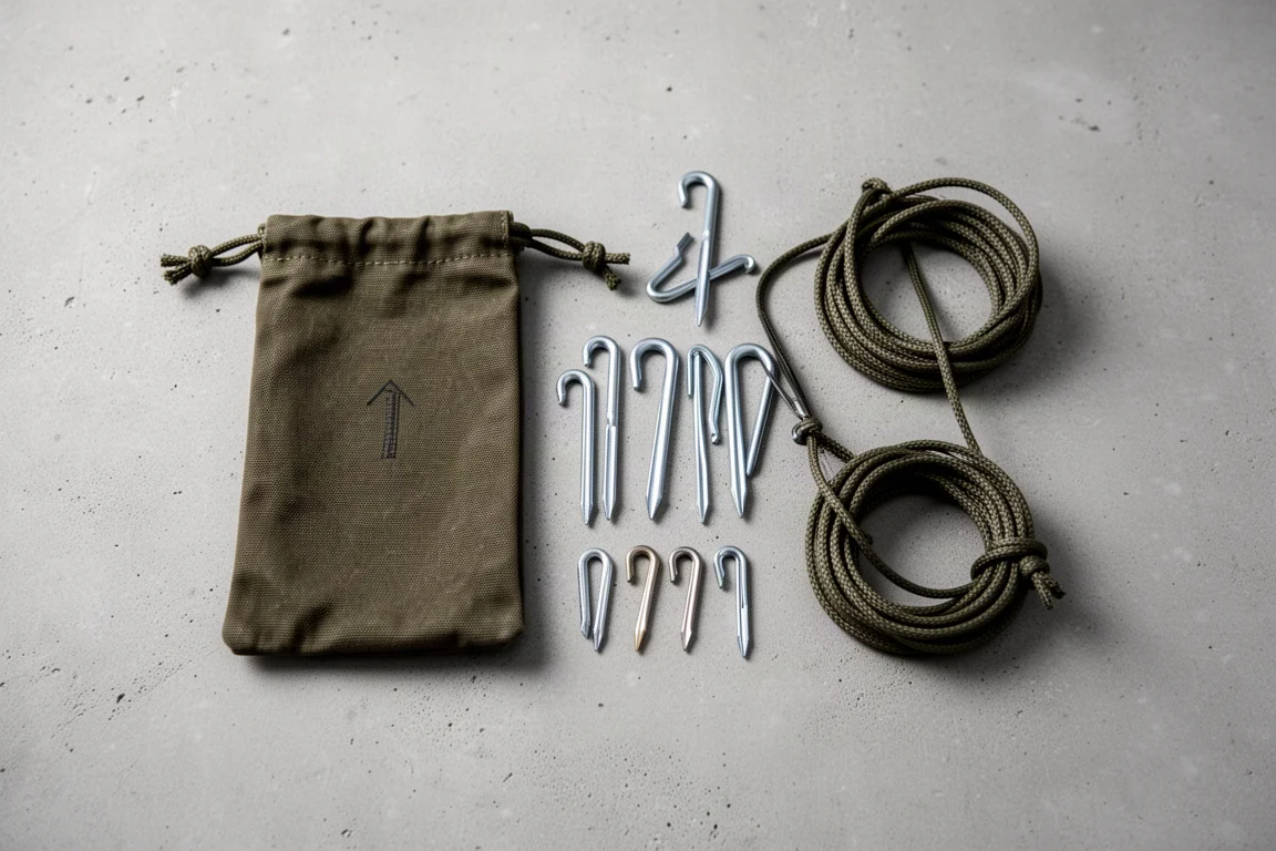 Overhead flat-lay of a tent peg kit with mixed pegs and a canvas peg bag