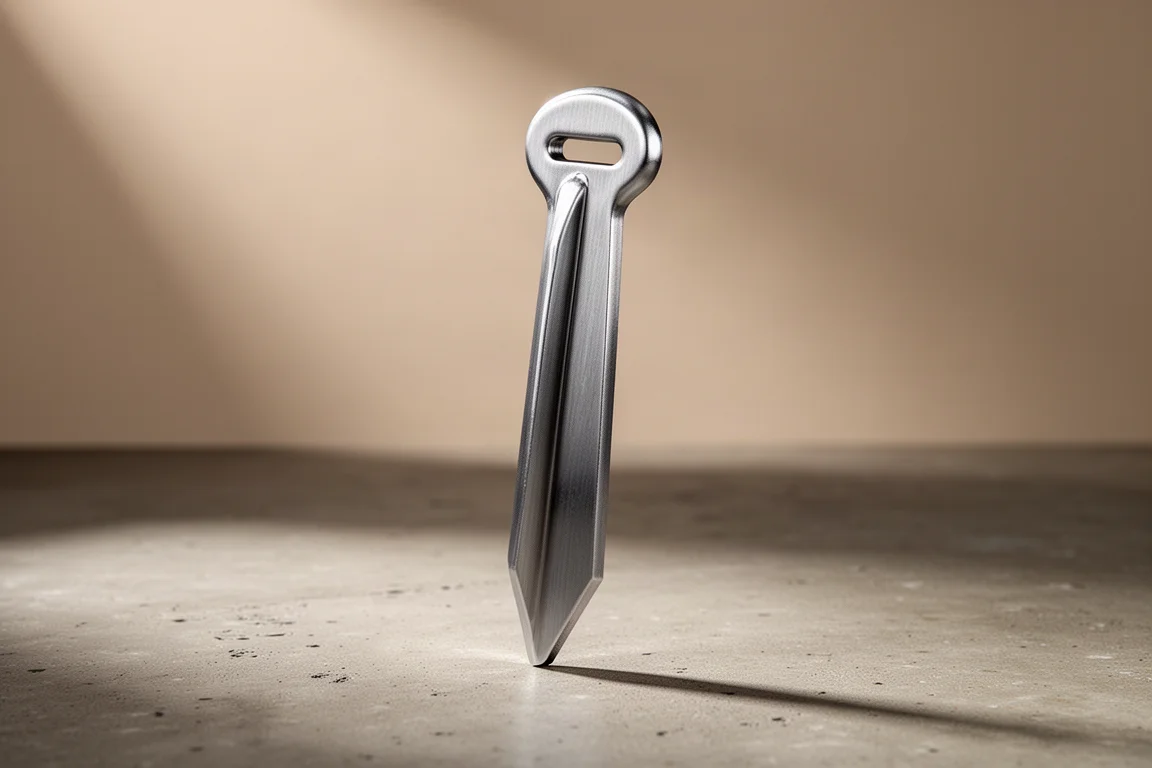 Picchetto da tenda heavy-duty in acciaio, tipo ground anchor, in posizione verticale su una superficie in cemento