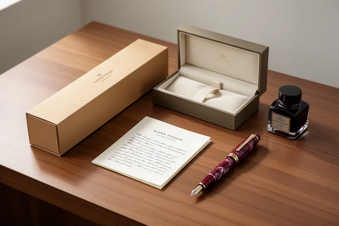 Ausgepackter Füllhalter mit Präsentationsbox, Booklet und Flasche roter Tinte auf einem Schreibtisch