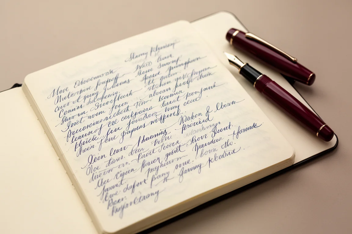 Handschriftprobe in blauer Tinte mit starker Strichvariation auf Papier