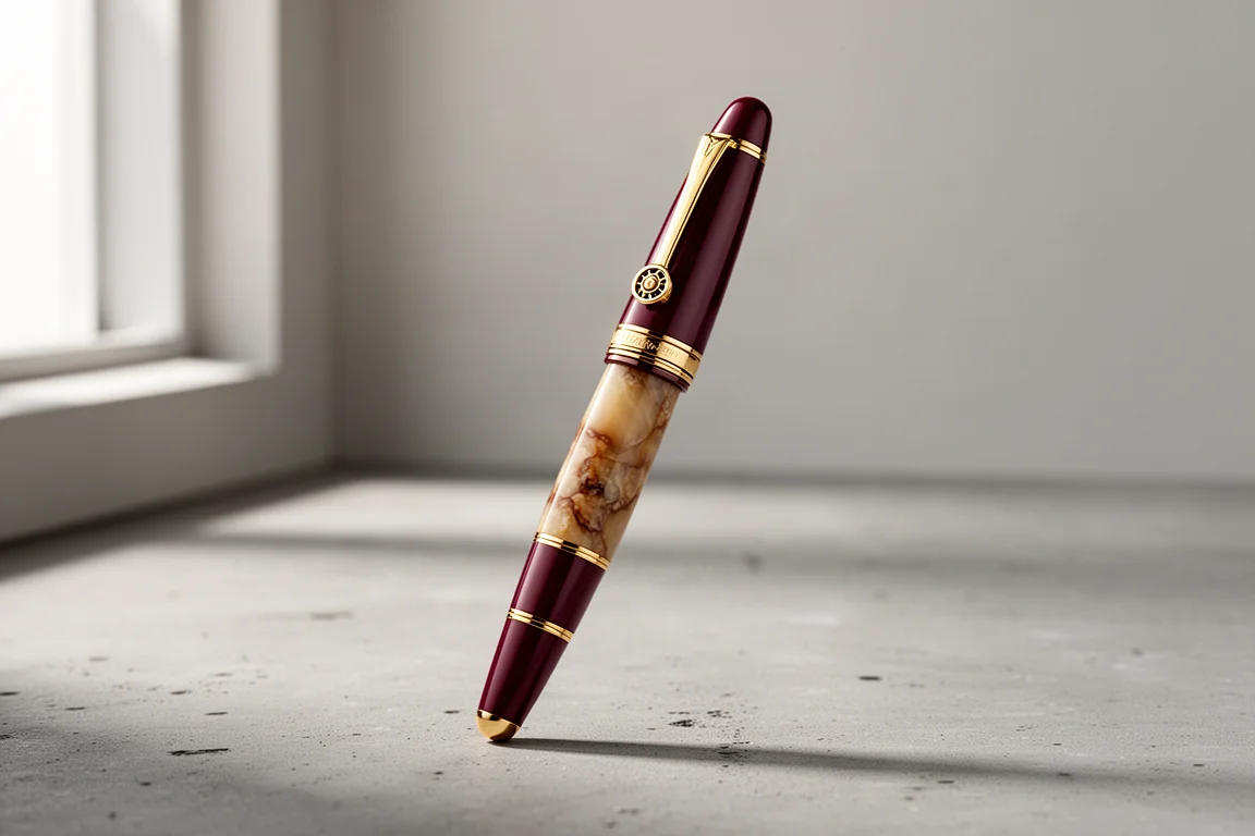 Delta Rouge Divine fountain pen with burgundy and marble-pattern resin barrel and gold trim