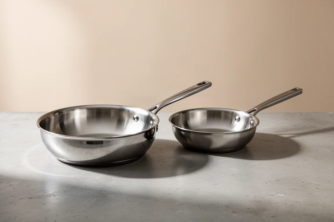 Two stainless steel frying pans with different handle styles side by side on concrete