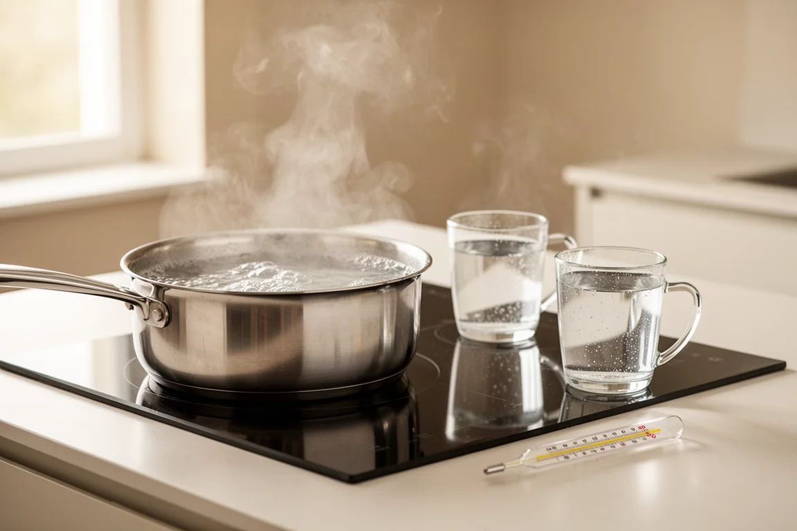 Two cups of boiling water steaming on a stainless steel pan in a bright kitchen