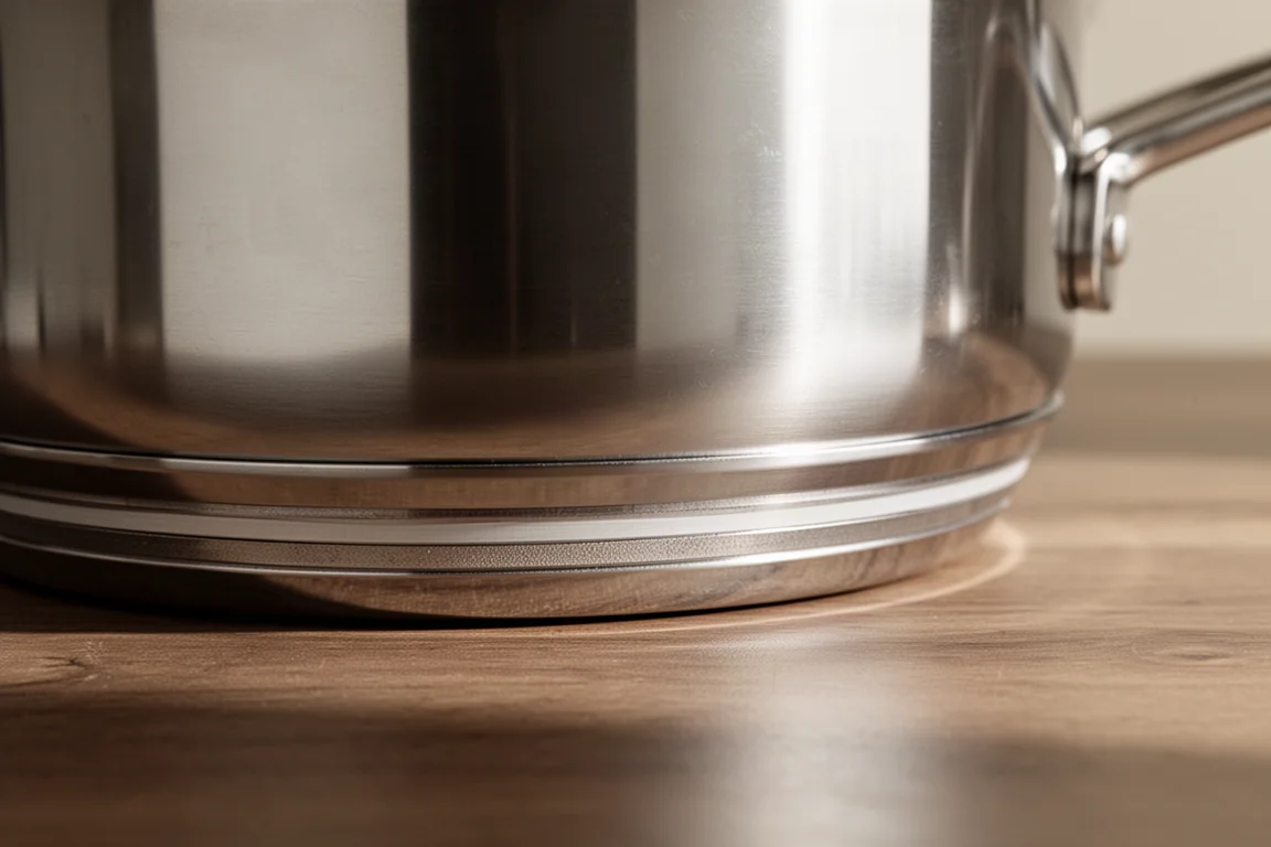 Detailed view of a thick multi-layer stainless steel pan base on a wooden counter