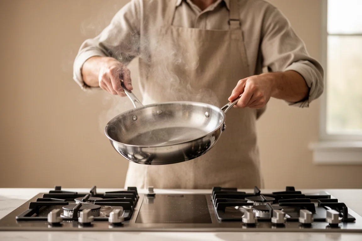 Cook lifting a heavy stainless steel fry pan with both hands in a home kitchen